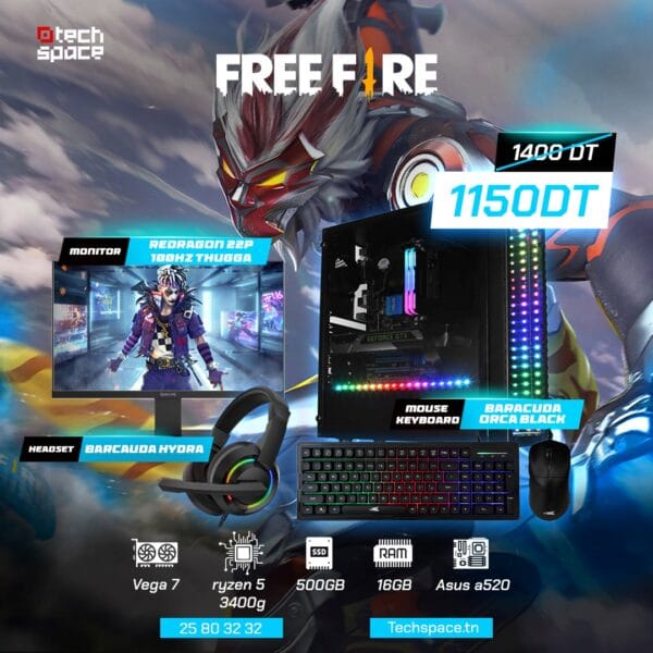 Full Setup – Free Fire Edition | AMD Ryzen 5 3400G | Vega 7 | 16GB DDR4 | 500GB SSD | 22” Redragon 100Hz