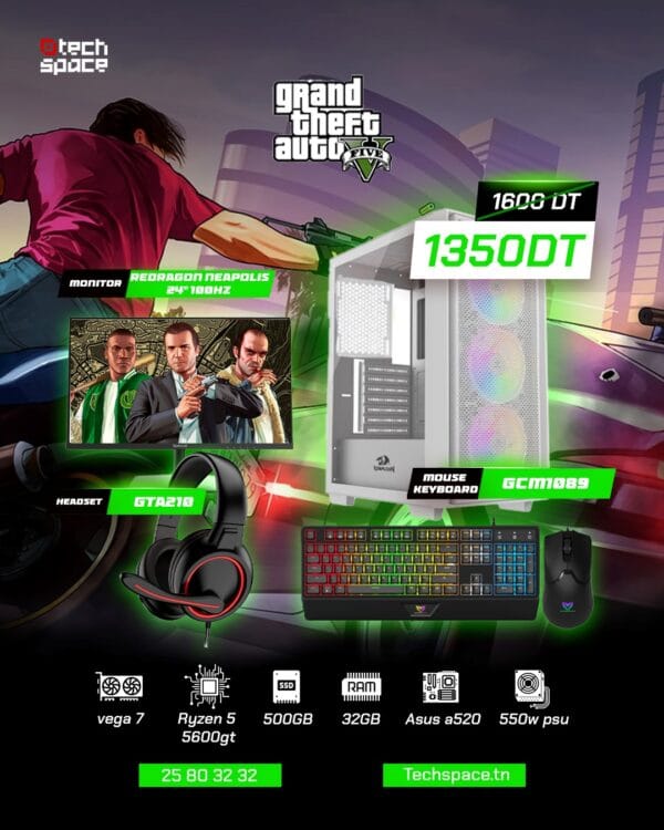 Full Setup – GTA V Edition | Ryzen 5 5600GT | Vega 7 | 32GB DDR4 | 500GB SSD | 24" Redragon 100Hz