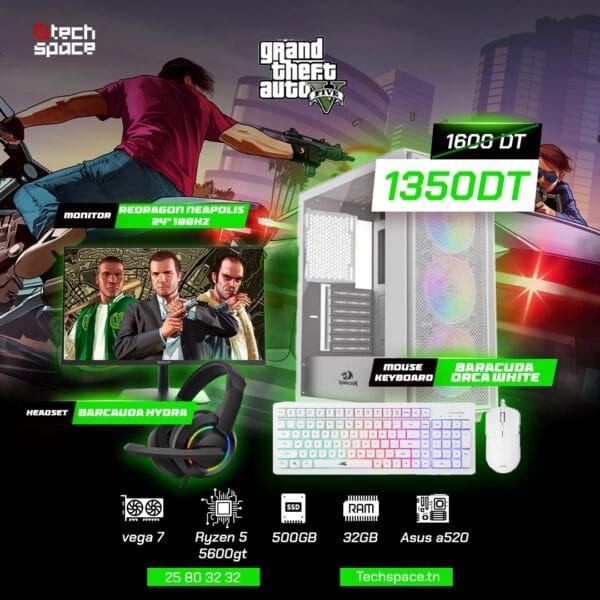 Full Setup – GTA V Edition | Ryzen 5 5600GT | Vega 7 | 32GB DDR4 | 500GB SSD | 24" Redragon 100Hz