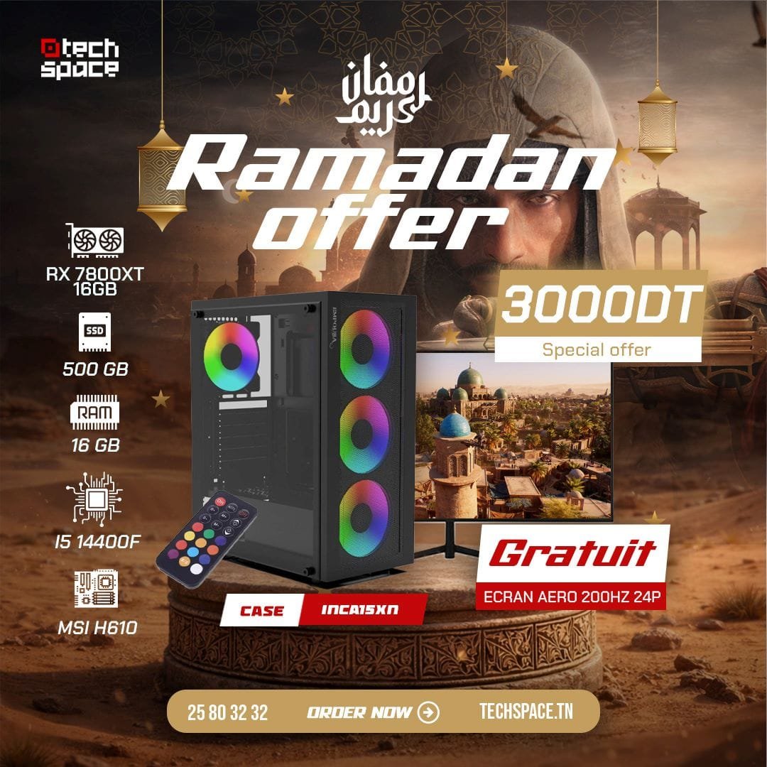 Full Setup – Offre Ramadan | Intel I5 14400 | RX 7800XT 16GB | 16GB | SSD 500GB + Ecran 200hz GRATUIT