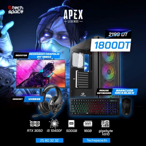 Full Setup – Apex Legends Edition | NVIDIA RTX 3050 | i5-10400F | 16GB DDR4 | 500GB SSD | 24" RedDragon 100Hz