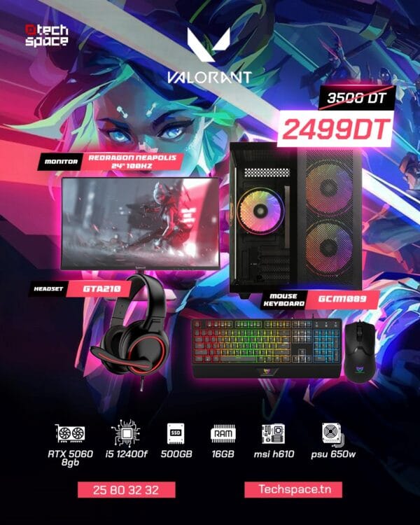 Full Setup – Valorant Edition | Intel I5 12400f | RTX 5060 8GB | 16GB DDR4 | 500GB SSD | 24" Redragon 100Hz