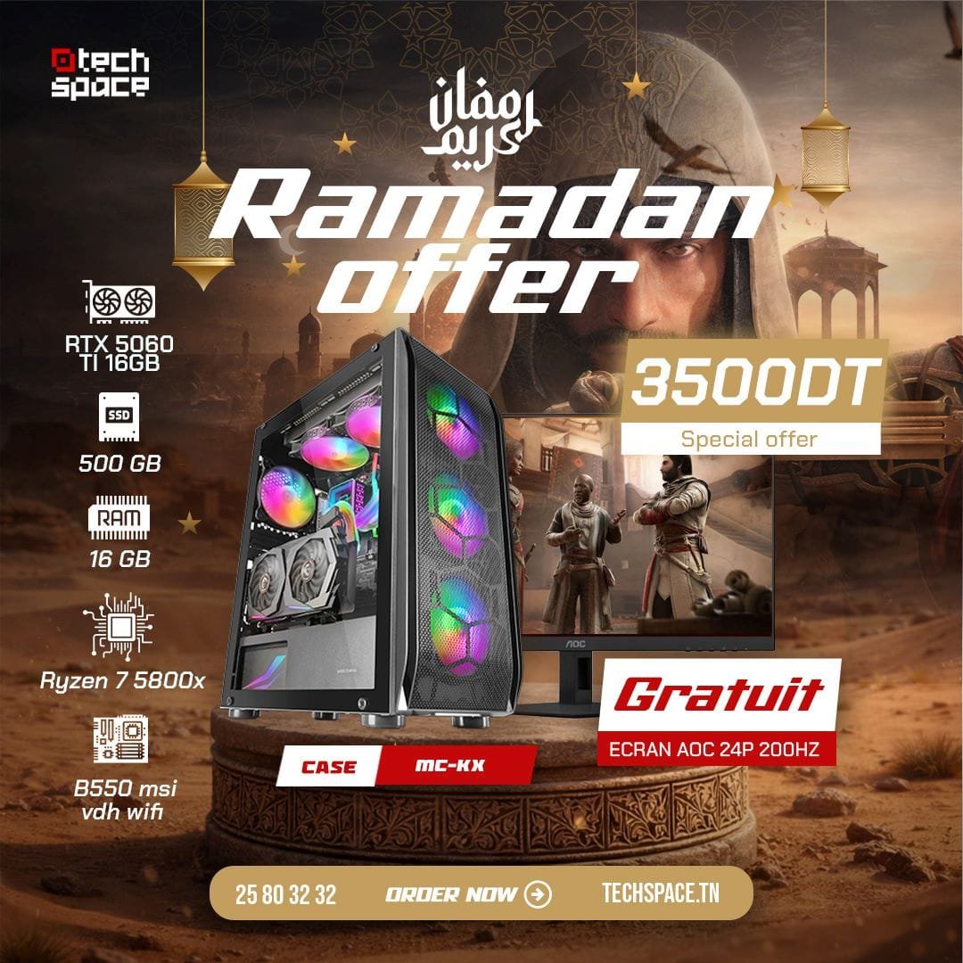 Full Setup – Offre Ramadan | Ryzen 7 5800x | RTX 5600Ti 16GB | 16GB | SSD 500GB + Ecran 200hz GRATUIT