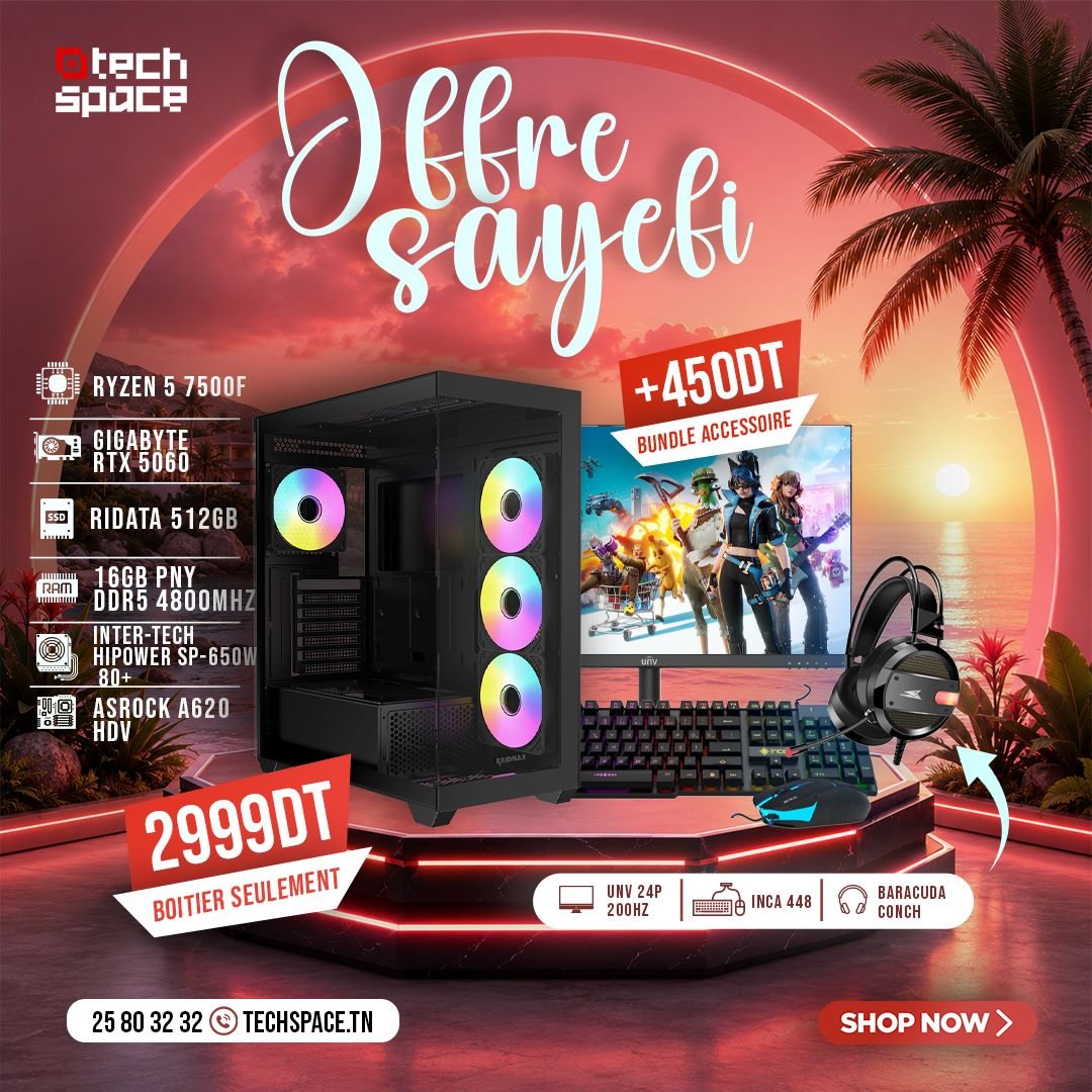 Full Setup – OFFRE SAYEFI | AMD Ryzen 5 7500F | GIGABYTE RTX 5060 | 16GB PNY DDR5 4800MHz | NVMe 512GB