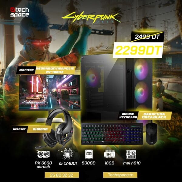 Full Setup – Cyberpunk 2077 Edition | AMD RX 6600 | Intel I5 12400F | 16GB DDR4 | 500GB SSD | 24" RedDragon 100Hz