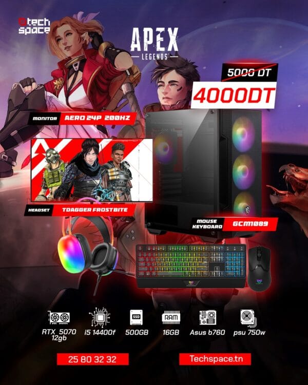 Full Setup – Apex Legends Edition | NVIDIA RTX 5070 12GB | i5-14400F | 16GB DDR4 | 500GB SSD | Aero 24" 200Hz