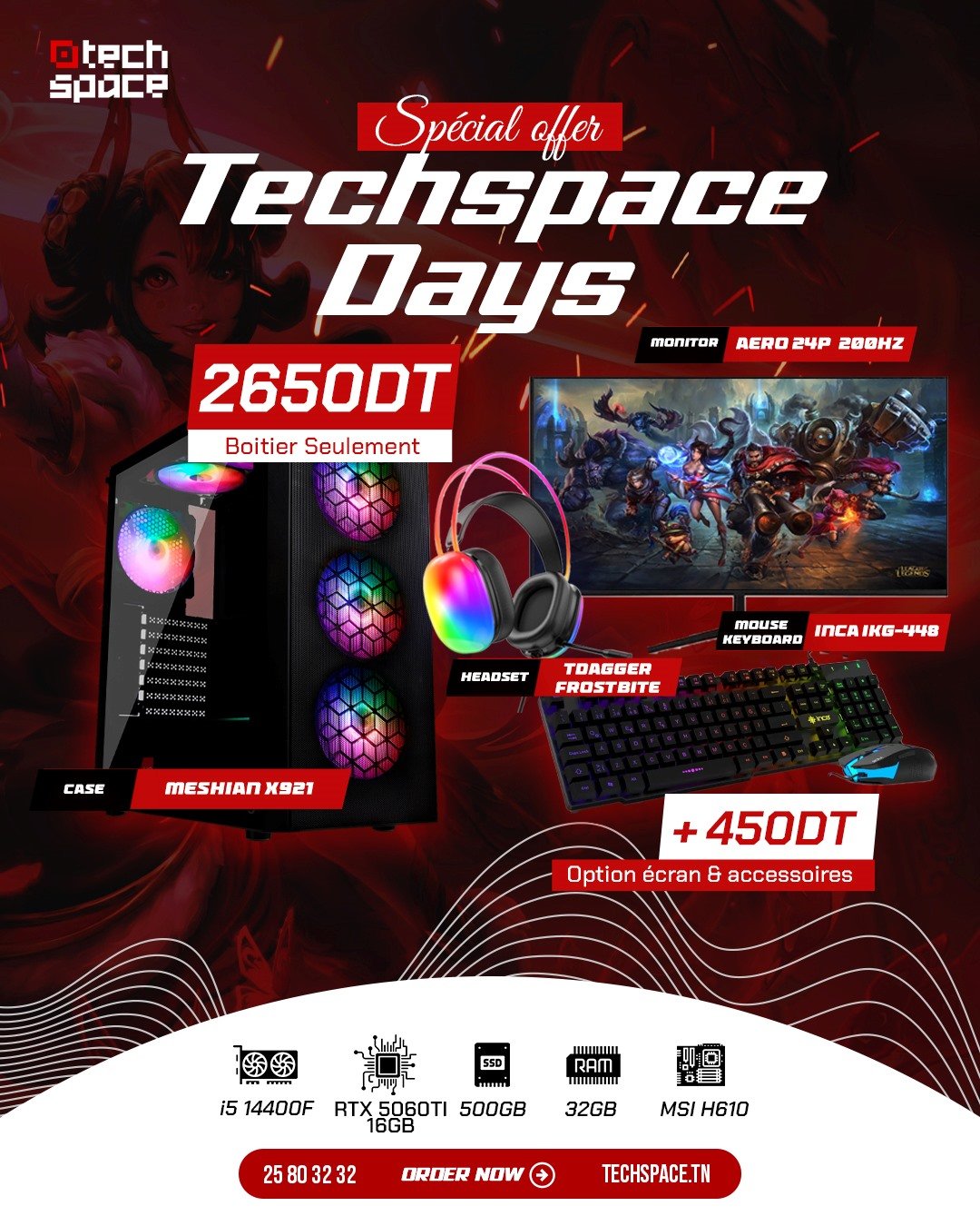 Full Setup – Techspace Days Edition | i5 14400F | RTX 5060Ti 16GB | 32GB DDR4 | 500GB SSD