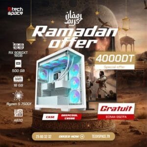Full Setup – Offre Ramadan | Ryzen 5 7500F | RX 9060XT 16GB | 16GB | SSD 500GB + Ecran GRATUIT