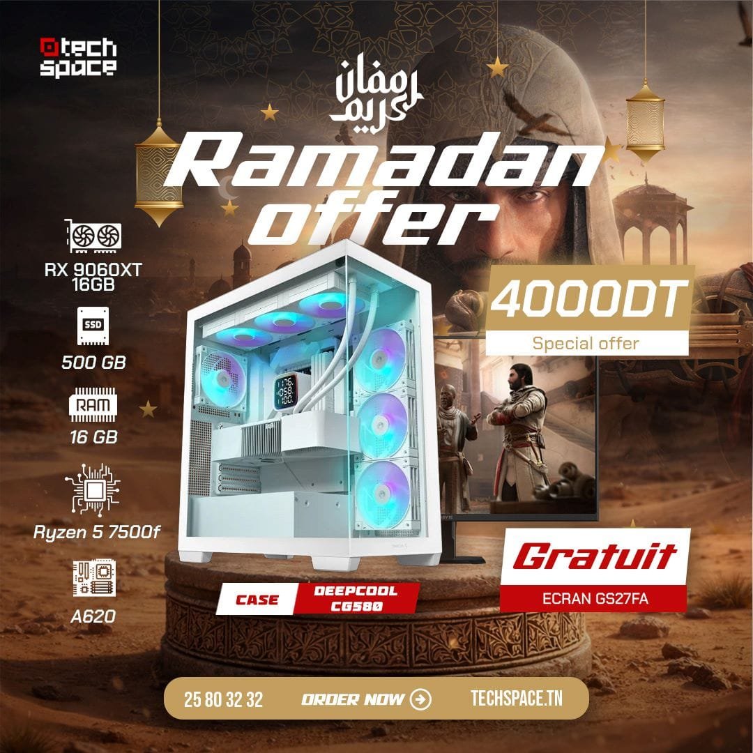 Full Setup – Offre Ramadan | Ryzen 5 7500F | RX 9060XT 16GB | 16GB | SSD 500GB + Ecran GRATUIT