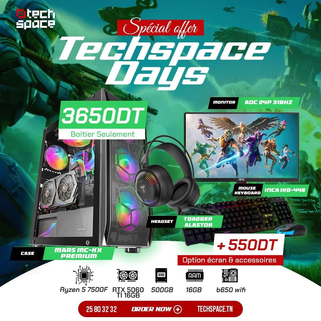 Full Setup – Techspace Days Edition | AMD Ryzen 5 7500F | RTX 5060 TI 16GB | 16GB DDR5 | 500GB SSD