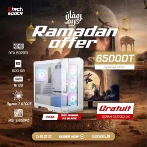 Full Setup – Offre Ramadan | Ryzen 7 8700F | RTX 5070 TI  | 16GB | SSD 500GB + Ecran 2K GRATUIT