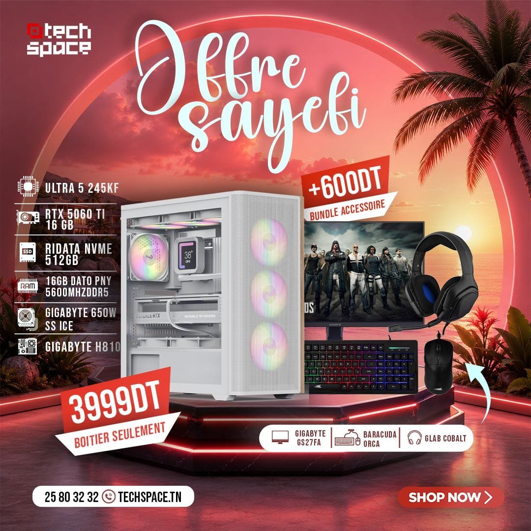 Full Setup – OFFRE SAYEFI | Intel Ultra 5 245KF | RTX 5060 Ti 16 GB | 16GB DATO PNY 5600MHz DDR5 | NVMe 512GB