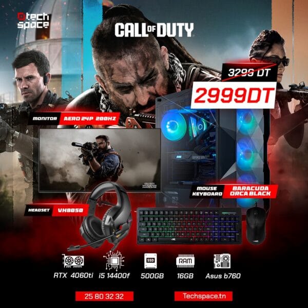 Full Setup – Call of Duty Edition | NVIDIA RTX 4060 Ti | i5-14400F | 16GB DDR4 | 500GB SSD | Aero 24" 200Hz