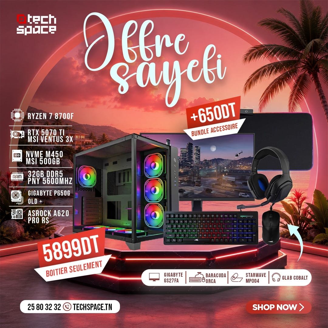 Full Setup – OFFRE SAYEFI | AMD Ryzen 7 8700F | MSI RTX 5070 Ti | 32GB DDR5 | NVMe 500GB