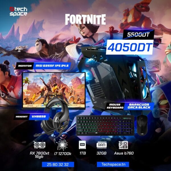 Full Setup – Fortnite Edition | AMD RX 7800XT 16GB | i7-12700K | 32GB DDR4 | 1TB SSD | MSI G255F IPS 24.5"
