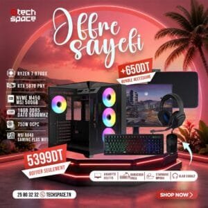 Full Setup – OFFRE SAYEFI | AMD Ryzen 7 9700X | PNY RTX 5070 | 16GB DDR5 | NVMe 500GB | Wi-Fi
