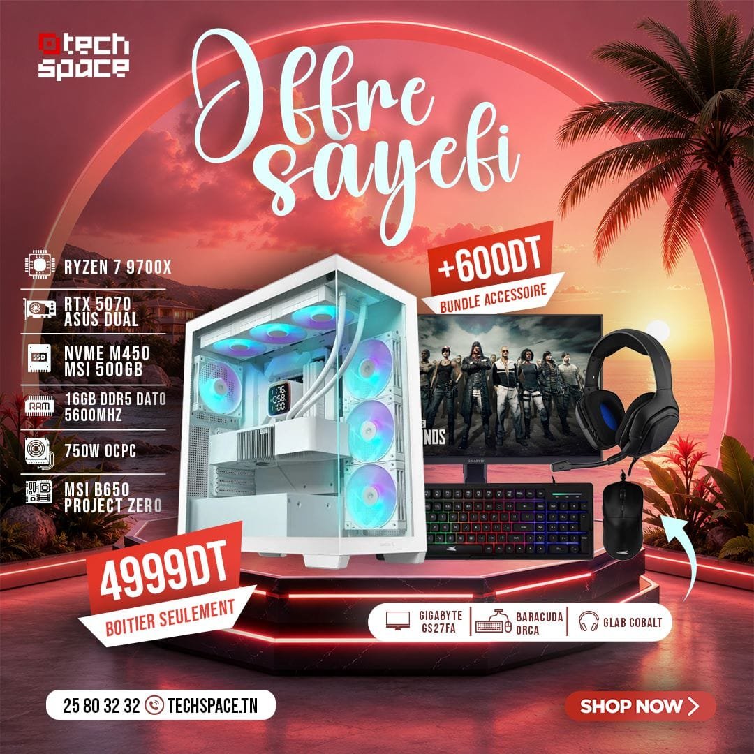 Full Setup – OFFRE SAYEFI | AMD Ryzen 7 9700X | RTX 5070 ASUS DUAL | 16GB DDR5 DATO 5600MHz | NVMe MSI M450 500GB